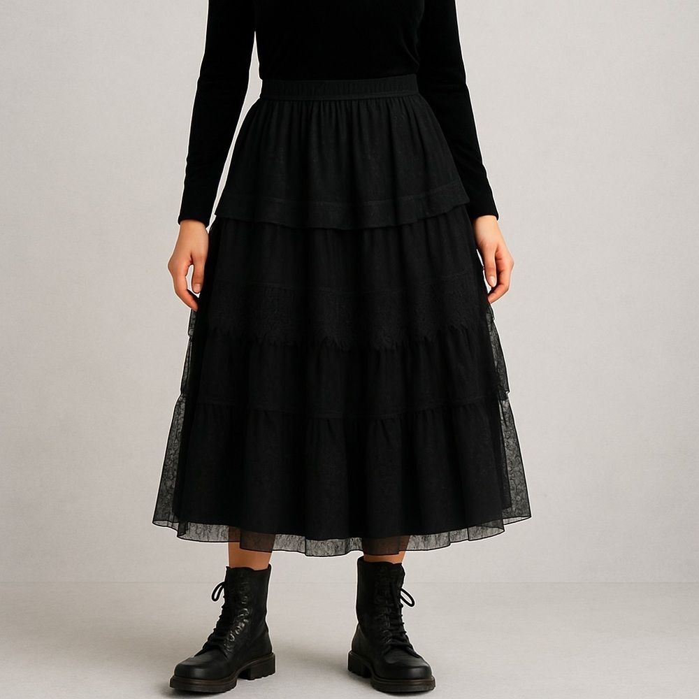 Arula Black Tiered Mesh Lace Midi Skirt Polka Dot Tulle A-Line Romantic Goth 1X